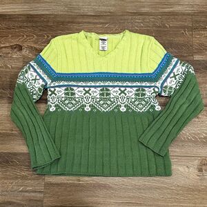 Vintage Faded Glory Yellow and Green V-Neck Sweater Women's Size Small Cozy